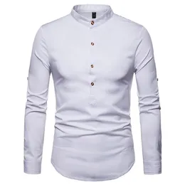 Rolled Up Sleeve Shirt Men 2021 Autumn Stand Collar Mens Dress Shirts Chemise Homme Henry Tops Camiseta Men's Casual2768