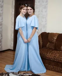 Light Sky Blue Mermaid Bridesmaid Dresses 2023 Jewel Short Sleeve Sweep Train Country Wedding Guest Gowns robes de demoiselle d'honneur