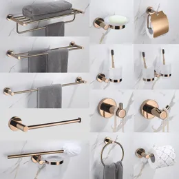 Bath Accessory Set Glossy Rose Gold Bathroom Accessories 304 Stainless Steel Towel Rack Toilet Roll Paper Tissue Holder Double Cup Towel Bar Hooks 230920