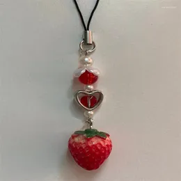 Keychains Strawberry Phone Charm Red Heart Beaded Keychain Mobile Chain Y2k Aesthetic Key Chian