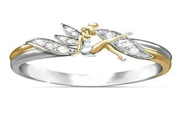 Änglar ringar flickor europeisk stil silver ton 14k guld pläterad strass dekorerad ängel charm förlovningsringar4162922