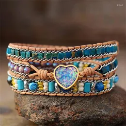 Strand Bohemian Handmade Natural Turquoise Stone Blue Opal Heart Charm 3 Strands Leather Wrap Armband för kvinnor