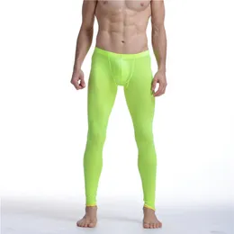 Sexy masculino malha undershirts transparente erótico ultra-fino gay longo johns gelo seda leggings calças justas cuecas casuais homem pantie211b