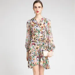 Vestido de pasarela para mujer, sexy, con cuello en V, manga larga, estampado floral, drapeado, volantes fruncidos, vestidos de diseñador, Vestidos2559