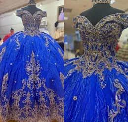 2023 Glitter Sequins Tulle Quinceanera Dresses Toyal Blue And Gold Embroidered Beads Crystal Ball Gowns Off Shoulder Sweet 16 Dres5439559