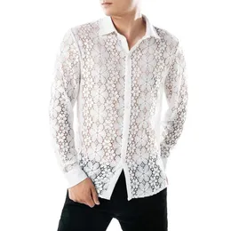 LNCDIS Slim Lace Shirt Sukienka Mężczyźni Fit Fasual Miękkie koszule z długim rękawem Formalne odzież Chemise Homme Bluzka Przystojna Hollow 10231y