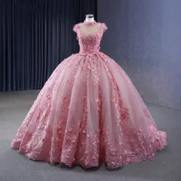 2023 Princess Quinceanera Dresses 3D Floral Lace Tulle Tulle عالية الرقبة بلا أكمام الطابق