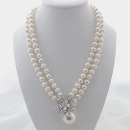 Charmiga 2Strands 7-8mm White Freshwater Pearl Necklace Micro Inlay Zircon Accessories Shell Pendant Long 45-48cm274s