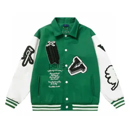 Mensjackor Mens Luxurys designer Varsity Jackets High Street Multipatches Mixed Leather Varsity Blouson Green Color Baseball Jacket Casual Streetwear Outerwea