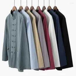 Homens camisetas Outono Mens Algodão Linho Jaqueta Tradicional Chinês Masculino Tang Terno Manga Longa Top Tai Chi Uniforme Hanfu