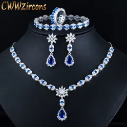 Wedding Jewelry Sets CWWZircons 4 Pcs Blue Cubic Zircon Crystal Flower Drop Necklace Earring Bracelet Ring Bridal Costume T439 230920