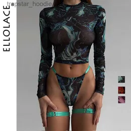 Seksowna set Ellolace Tied Dye bieliznę z długimi rękawami koronki patrz przez zmysłowe zestawy erotyczne 4-częściowy sexy bezproblemowy erotyczny bieliznę L230920