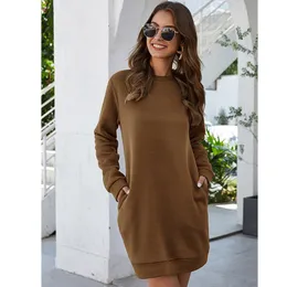 Grundläggande casual klänningar Autumn Winter O Neck Långärmad kvinnor Sweatshirt klänning Fashion Gray Solid Loose Pocket Ladies Mini Vestidos 230920