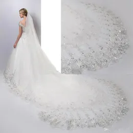 2020 Lusso Perline di cristallo 3 metri Cattedrale di lunghezza Veli da sposa Bianco Avorio Applique di pizzo Bordo di paillettes con pettine Velo da sposa C294F