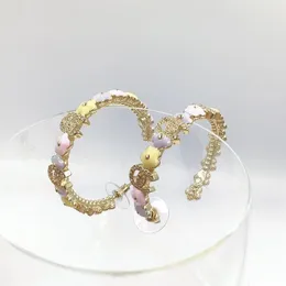 18K Altın Kaplamalı Rhinestone Hoop Küpeler Çekici Mor Açık Pembe Çiçek Formu Moda Marka Tasarımcı Küpeler Kadınlar İçin Düğün157r