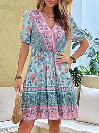 Casual Kleider 2023 Sommer Elegante Boho Kleid Für Damen Frauen Blumendruck Ethnische Kurzarm V-ausschnitt Mini Strand Tragen Outfits robe