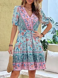 Casual Dresses 2023 Summer Elegant Boho Dress for Ladies Women Floral Print Ethnic Short Sleeve V Neck Mini Beach Wear Outfits Robe