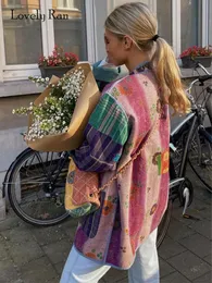 Kvinnors jackor blommor tryckt färgglada lapptäcke överrockar vintage mode långärmad paketkläder kvinnlig varm casual streetwear topp 230919