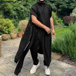 Männer Trainingsanzüge INCERUN 2023 Muslimischen Stil Sets Männer Solide Halb Hoher Kragen Seite Split Robe Hosen Casual Streetwear Alle-spiel Zwei Stück S-5XL