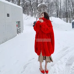 Kvinnors päls överdimensionerade röda tjocka varma mjuka fluffiga fauxrock kvinnor 2023 raglan se elegant länge för vinterkoreanskt mode