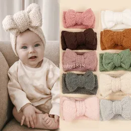 Lammull fluffig bowknot pannband nyfödd vinter varm bandeau stor bow turban headwrap baby flicka bred pannband barn huvudbonader