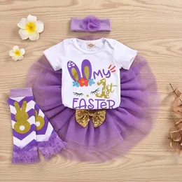 Clothing Sets Infant Girls Short Sleeve Easter Cartoon Printed Romper Bodysuit Bowknot Tulle Skirts Headbands Outfits