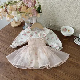 Clothing Sets Ins Autumn Infant Girl Baby Floral Print Lotus Collar Bodysuit Suit Born Cotton Solid Mesh Suspenders Dress Onesie 2pcs