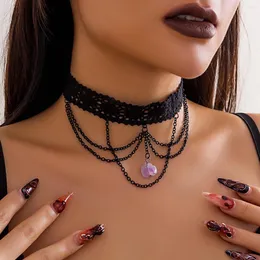 Chains Goth Black Lace Purple Stone Pendant Choker Necklace For Women Vintage Multilayer Metal Chain Halloween Party Jewelry Steampunk