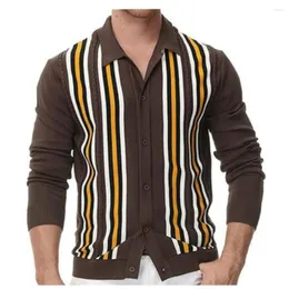 Suéter Masculino Primavera / Outono Europa-EUA Estilo Malha Outerwear Homens Polo Collar Listrado Splicing Single-Breasted Vintage Cardigan Sweater M-3XL