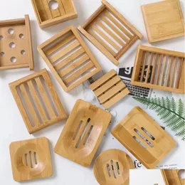 Soap Dishes Dish Holder Wooden Natural Bamboo Simple Rack Plate Tray Round Square Case Container Ss0128 Drop Delivery Home Garden Ba Dhn4I