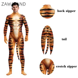 أزياء Catsuit Zawaland Party Playsuit Cosplay Costume Tiger 3D أزياء الغطاء الكامل المطبوعة للبالغين مع زدسة الفخامة التيل الفاخرة