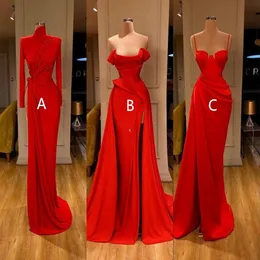 Günstige Sexy Arabisch 3 Stil Rote Meerjungfrau Ballkleider Stehkragen Lange Ärmel Abendkleid High Side Split Formales Kleid Party Dress280o