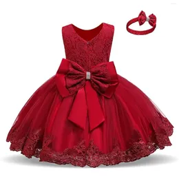 Girl Dresses Baby Girls Lace Bowknot Princess Wedding Formal Tutu Dress With Headband Sleeves For Short Sleeve