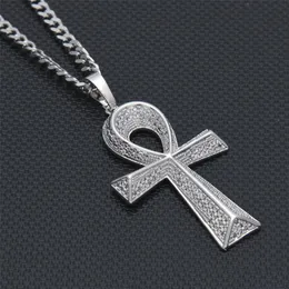 Iced Out Zircon Ankh Key Pendant Golden Jewelry CZ Cross Egyptian Key of Life Pendant Hip Hop Necklace For Men Women238n