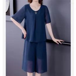 여자 2 피스 바지 여름 정장 캐주얼 세트 엄마의 착용 메드 옛 시대 큰 느슨한 짧은 슬리브 O- 넥 패션 쉬폰