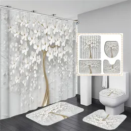 Cortinas de chuveiro elegante buquê de fantásticas flores brancas estilo 3D cortina de chuveiro cortina de banheiro com tapete de banho conjunto floral decoração de casa 230919
