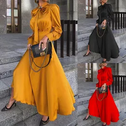 Frauen Herbst O Hals Langarm Kleid Casual Einfarbig Alle-spiel Kleid Elegante Schmetterling-Krawatte Temperament Party lange Kleider