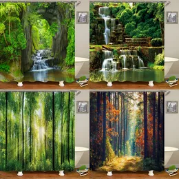 Duschgardiner Modern 3D -tryck skog Duschgardin Green Plant Tree Landscape Bath Curtain med krokar för badrum vattentätt landskap 230919