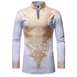 Shirts Men African Clothes Africa Dashiki Print Suit Long Sleeve Rich Bazin Fabric V-neck Cotton Casual Tops Lace Fashion Robe290C