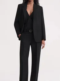 Calças femininas de duas peças com zíper voar calças compridas para senhora do escritório outono mulheres misturas de lã preta conjunto único breasted solto blazer 230920