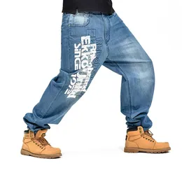 Calças masculinas com estampa de letras azuis calças jeans largas skate jeans hip hop 2555