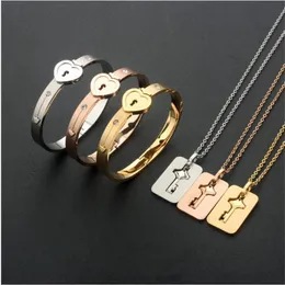 Stainless Steel Couple Bangles Bracelet Necklaces Lock Key Pendant Jewelry Set for Boyfriend Girlfriend Birthday Valentine's 221W