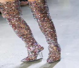 ABESIRE 2019 최신 여성 멀티 컬러 반짝이는 광장 하이힐을 전환 부츠 숙녀 포인트 발가락 측면 지퍼 활주로 신발 CX9563232