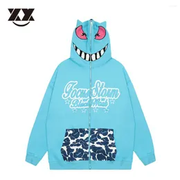 Men's Jackets Streetwear Fashion Coats High Street Letter Print Devil Horns Vintage Hooded Jacket Hip Hop Zip Up Hoodies Autumn