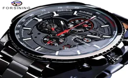 Forsining três mostrador calendário display preto aço inoxidável relógio de pulso automático masculino marca superior luxo militar esporte masculino relógio s4344431