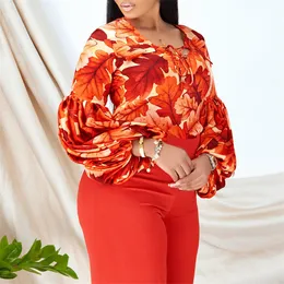 Plus Size Kleider Größe Hose Set für Frauen Orange Pirnt Bluse Shirt und lange Outfits 2023 Herbst Winter Elegant Club Party Zweiteiler 230919