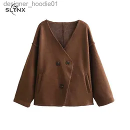 Women's Wool Blends SLTNX Wool Coats for Women 2023 Winter Brown V-Neck Female Outerwear Ladies Vintage Double-breasted Jackets Parkas Clothing L230920