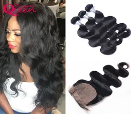 Body Wave Unprocessed 100% India Human Hair Extensions 3 Bundles With Silk Base Lace Closure Natural Hairline4150031
