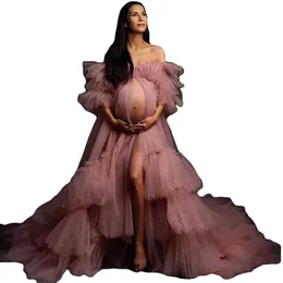 妊娠中の女性イブニングドレスポローブパジャムローブオフ肩長袖アップリケレースチュールガウンカスタマイズされた床の長さ273g