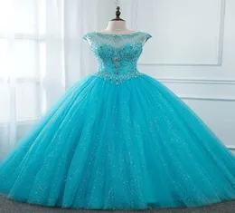 Turquoise Bling Tulle Sweet 16 Dresses Applique Crystal Beaded Sequins Quinceanera Dress Ball Gown Prom Dress Laceup Cocktail Par2686633